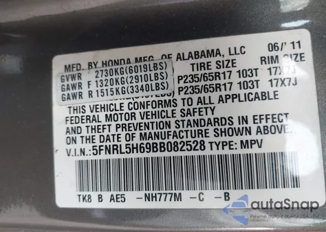2011 Honda Odyssey Ex-L z USA, uszkodzony, nr VIN 5FNRL5H69BB082528
